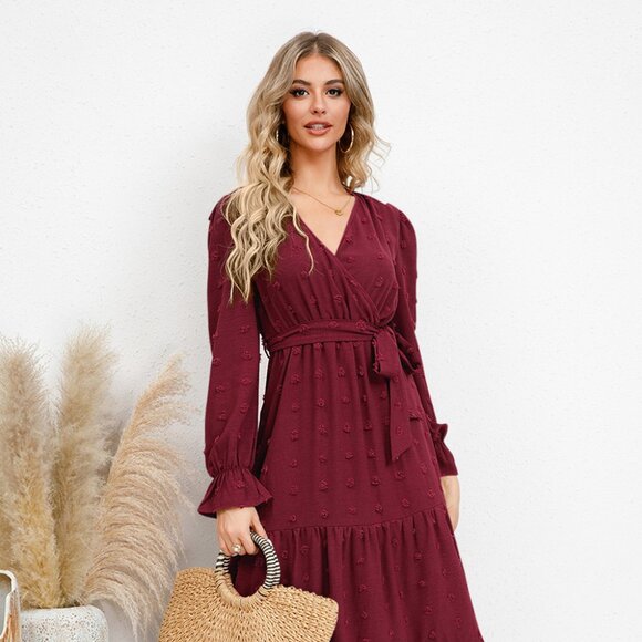 Swiss Dot Tied Surplice Flounce Sleeve Dress - Picture 1 of 8